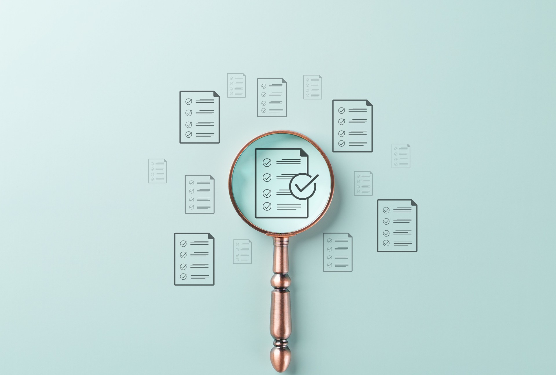 Document review process and quality control concept. A magnifying glass over checklist document, symbolizing quality control, document review, auditing, compliance, and business process verification.
